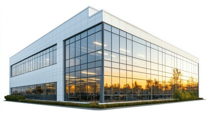 Obraz premium Modern Office Building with Glass Facade and Sunset Reflection