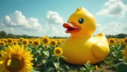 A colossal, inflatable rubber duck incongruously placed amidst a field of wilting sunflowers, symbolizing deceptive grandeur and inflated promises , lie, satire, expectation