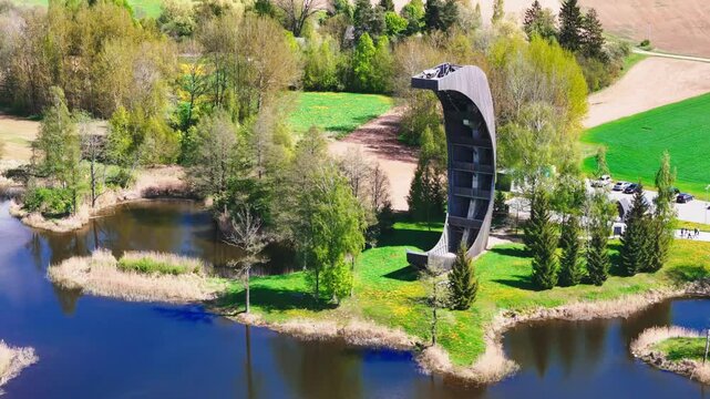 Kirkilai Observation Tower Over Pristine Natural Expanse Of Birzai Regional Park In Lithuania. Aerial Drone Shot
