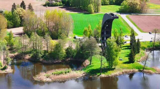 Moonshaped Observation Tower And Kirkilai Karst Lakes In Birzai Regional Park, Lithuania. Aerial Drone Shot