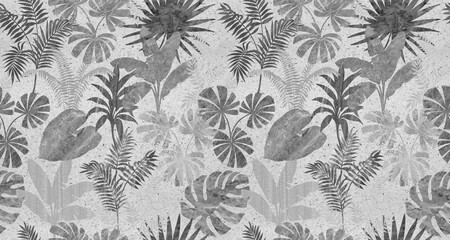 Fototapeta premium Seamless pattern leaf graphics variety of types on colorfur tone marble texture with tropical leaves used for decorative design. 