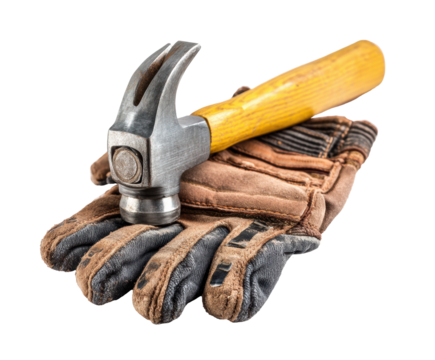 Essential tools for building and construction work with gloves on a transparent background, cut out