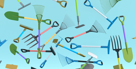 Many of flying garden shovel, pitchfork and rake on blue background