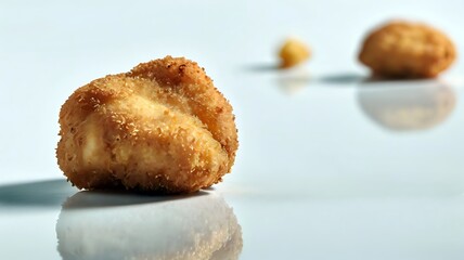 Golden-brown breaded appetizers delicately arranged on a reflective surface showcase exquisite culinary detail and texture perfect for food blogs recipe websites or restaurant menus.