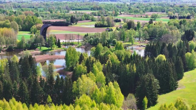 Scenic Views Of Kirkilai Lakes And The Observation Tower In Birzai Regional Park, Northern Lithuania. Aerial Drone Shot