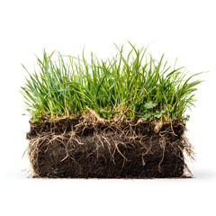 A patch of grass with roots and soil clump, isolated on a white background, natural light