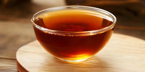 Closeup of Aromatic Dark Tea in Glass Cup on Wooden Coaster