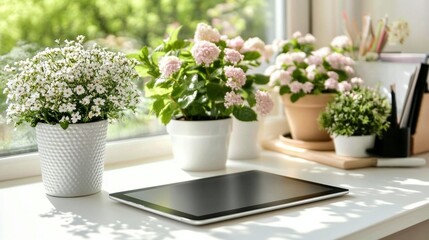 Sunlight indoor plants with tablet on windowsill