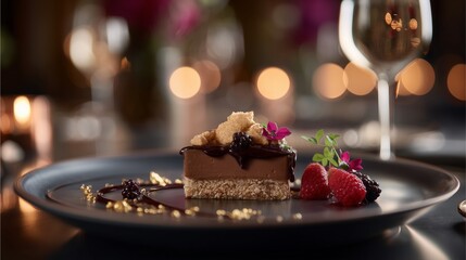 Hyperreal Food Photography of luxury dessert plating with golden accents, fine dining ambiance with cinematic depth and soft bokeh