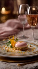Hyperreal Food Photography of luxury dessert plating with golden accents, fine dining ambiance with cinematic depth and soft bokeh