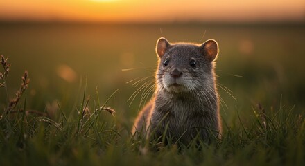 Fototapeta premium Cute Otter in Grass at Sunset