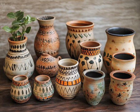 clay pots on a wooden table - Powered by Adobe
