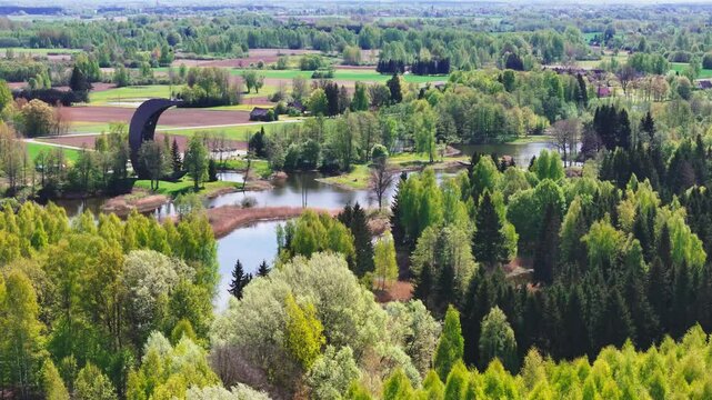 Stunning Scenery Of Kirkilai Lakes And Lookout Tower In Biržai Regional Park, Lithuania. Aerial Shot