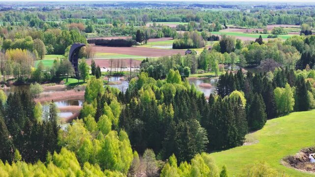 Panoramic View Of Unique Karst Lakes In Kirkilai National Park, Lithuania. Aerial Drone Shot