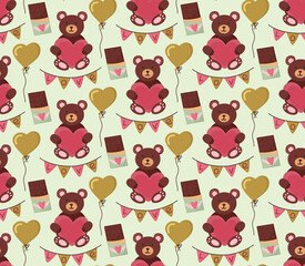 Seamless background with teddy bears, garland, chocolate, balloon, heart. Cute pattern for Happy Valentines Day