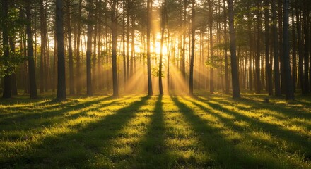 Obraz premium Golden Hour Forest Clearing with Sunbeams