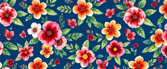 Vibrant watercolor floral pattern, bright blooms & leaves on deep blue background Folk art style, seamless repeat, textile, pattern