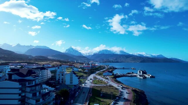 Scenic City In Ushuaia Tierra Del Fuego Argentina. Birds Eye View Of Stunning Cityscape With Streets And Buildings. Snowing Lake Glacial Frozen. Glacial. Ushuaia Tierra del Fuego.