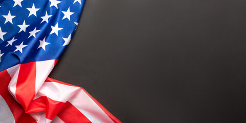 Black background with American flag. Independence day. Website banner and greeting card design...