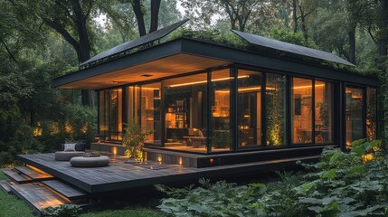 Modern eco-friendly house with panoramic glass walls surrounded by lush greenery in the evening glow
