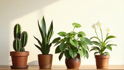Obraz premium A collection of potted plants arranged on a shelf, bathed in natural light. The scene exudes freshness and tranquility, highlighting the beauty of indoor greenery.