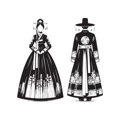 Modern Fusion Hanbok Dress Vector Silhouette – Blending Traditional Korean Elegance with Contemporary Style, Innovative Design, and Cultural Heritage in Minimalist Art.