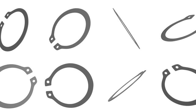 Retaining Rings Falling on a White Background. Snap Ring 3D Animation. Circlip. 4K