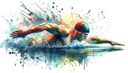Watercolor swimmer with splashes