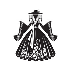 Modern Fusion Hanbok Dress Vector Silhouette – Blending Traditional Korean Elegance with Contemporary Style, Innovative Design, and Cultural Heritage in Minimalist Art.