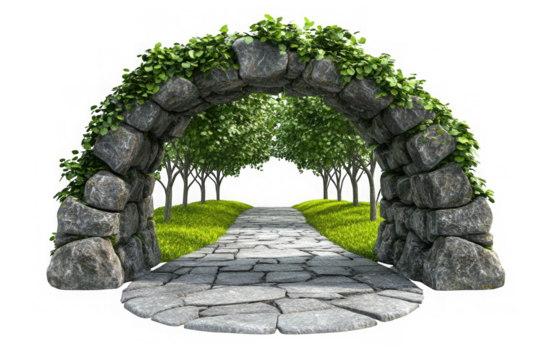 Stone archway with vines and path on transparent background