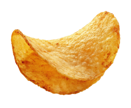 Crunchy potato chip for snacking enjoyment or party snacks on a transparent background, cut out