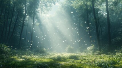 Obraz premium Sunlight filtering through a lush forest, illuminating a magical scene of butterflies dancing in the air amidst glimmering mist