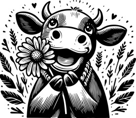 Adorable Calf Holding a Flower. Charming black and white illustration of a happy cow with a daisy, surrounded by stylized leaves and hearts.
