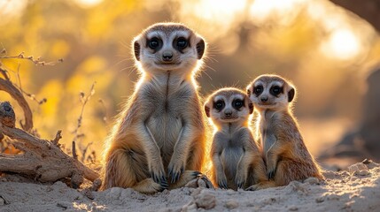Three adorable meerkats standing together in a sunlit desert landscape, capturing the charm of wildlife and family bonds