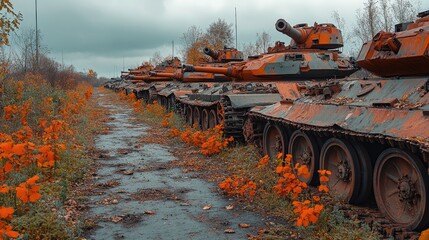 Abandoned tanks lined along a rainy path adorned with vibrant orange flowers under a moody sky