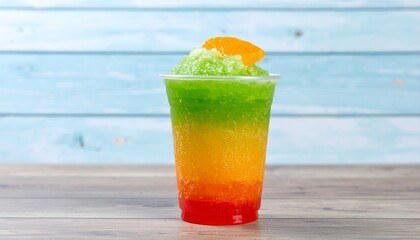 Obraz premium Colorful layered shaved ice dessert in plastic cup on blue background 