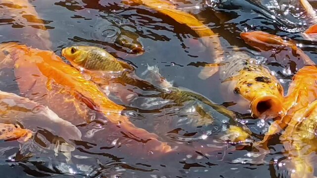 A group of koi fish is competing for food on the surface of the water. Cyprinus carpio