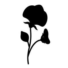 Black silhouette of a sweet pea flower with stem and leaf