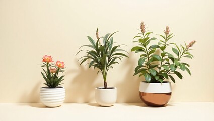 Fototapeta premium Three potted plants of varying sizes stand side by side, showcasing their unique foliage and planters