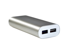 Portable power bank for charging devices on the go on a transparent background, cut out