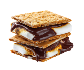 Classic s'mores dessert with toasted marshmallows and chocolate on a transparent background, cut out
