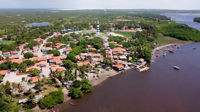 Mandacaru Village In Lencois Maranhenses Maranhao Brazil. Turquoise Ocean Waves Gently Crashing On Tropical Beach. Nature Dramatic Clouds Mountain Canyon. Mountain Waterfall Panorama.