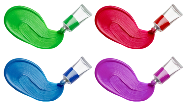 top view of squeezed paint tube in four colors isolated on white background