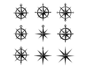 Vintage marine wind rose, nautical chart. Monochrome navigational compass with cardinal directions of North, East, South, West. Geographical position, cartography and navigation. Vector illustration
