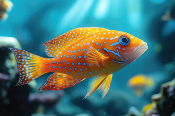 Obraz premium Rhinoceros Fish Swimming Over Vibrant Coral Reef Under Sunlight