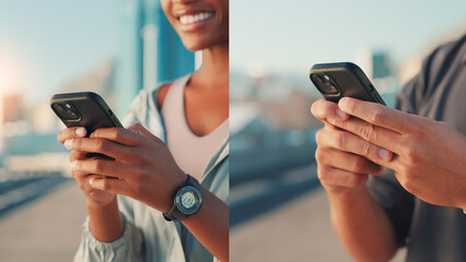 People, fitness and phone in collage for workout app, communication or tracking performance in city street. Closeup, hands or runners with mobile smartphone or montage for health and wellness in town