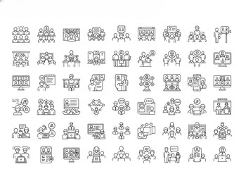 Discussion set of web icons in line style. Live webinar icons for web and mobile app. Containing conference, business meeting, classroom, team, interview, conference, work, discussion, etc
