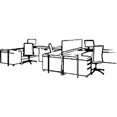 A stylish hand-drawn office interior vector, featuring modern workstations and comfortable seating, perfect for illustrating creative workspace concepts and designs.