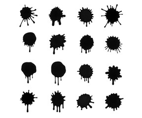 Ink drops and splashes. Blotter spots, liquid paint drip drop splash and ink splatter. Artistic dirty grunge abstract spot vector set. Illustration monochrome drip splash, splat messy inkblot