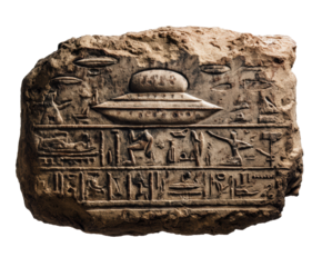 Ancient stone tablet with alien motifs and hieroglyphs on a transparent background, cut out
